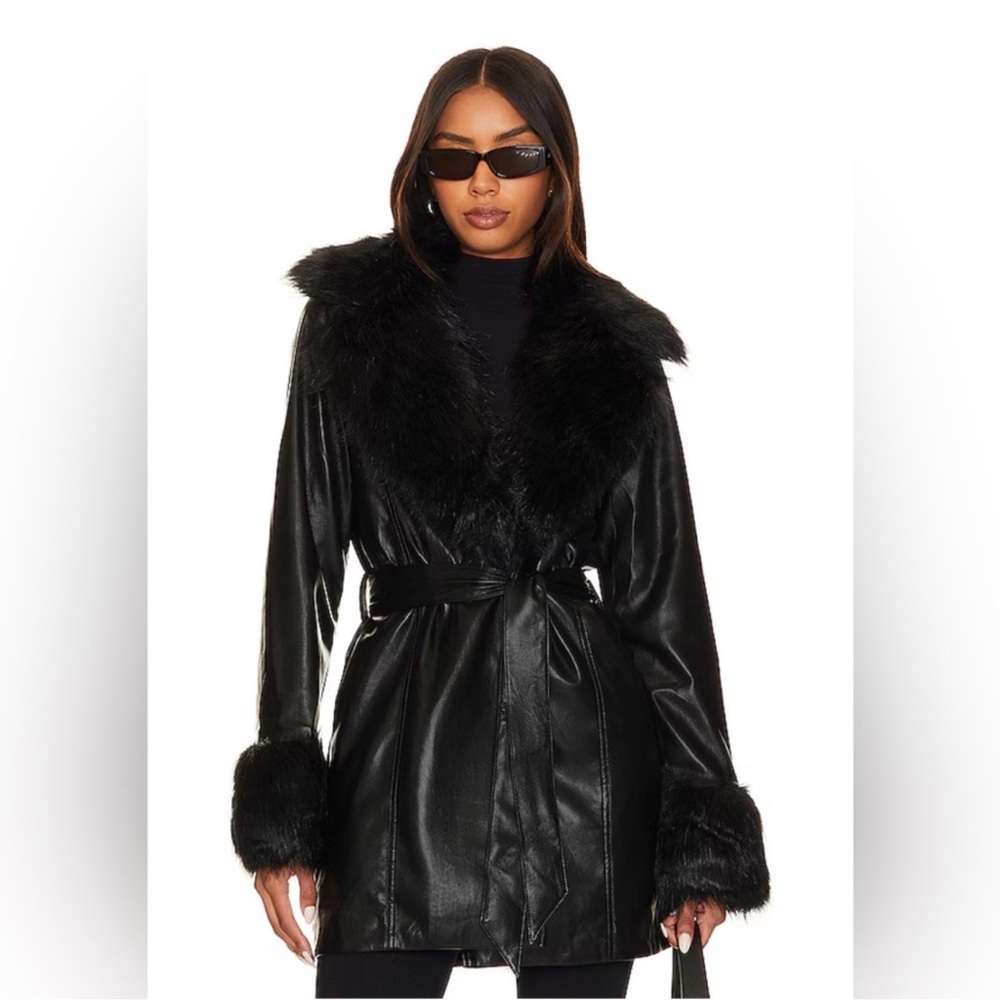 Show me your mumu penny lane coat Black Faux leather Fur Trimmed Coat NWT